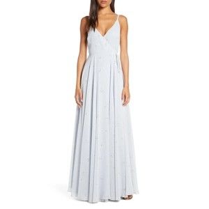 Jenny Yoo James Ditsy Floral Print Wrap Chiffon Dress, Whisper Blue, SIZE 0